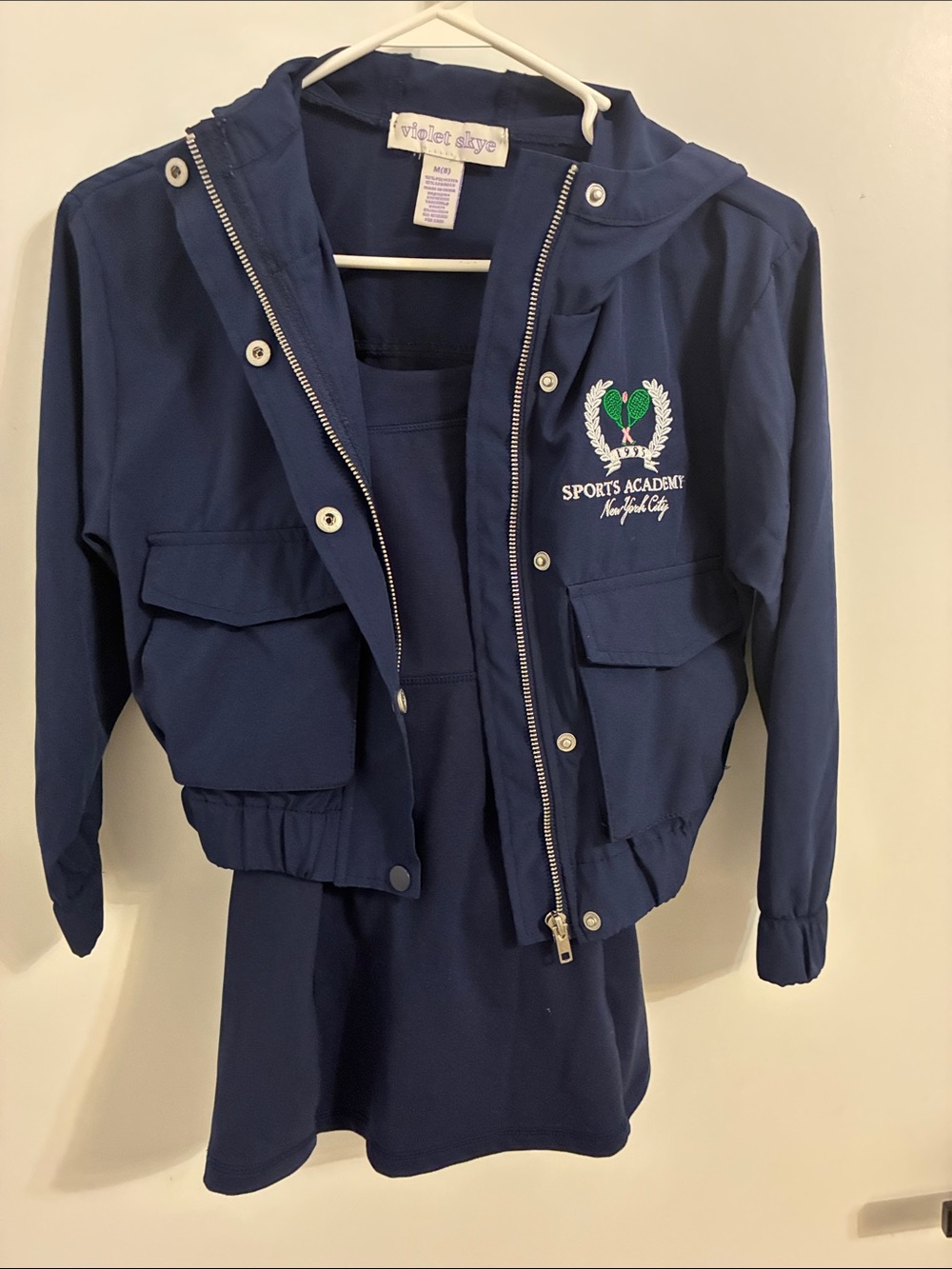 Violet Skye Navy Hooded Kids' Sports Jacket with Crest and Tennis Dress